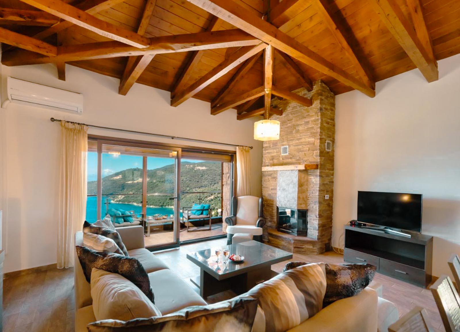 Living Room with Wooden Ceiling